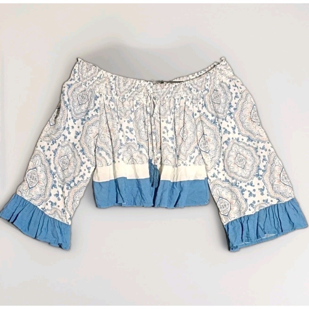 Nwt Surf Gypsy Size Small  Boho Off-Shoulder Blouse Bell Sleeves And Tassels